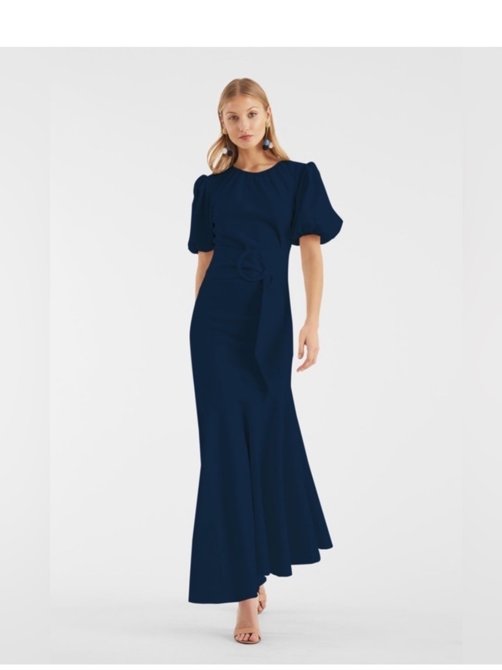 Sachin + Babi Camila Crepe Rushed Mermaid Maxi Dress with Puff-Sleeve -Navy Blue